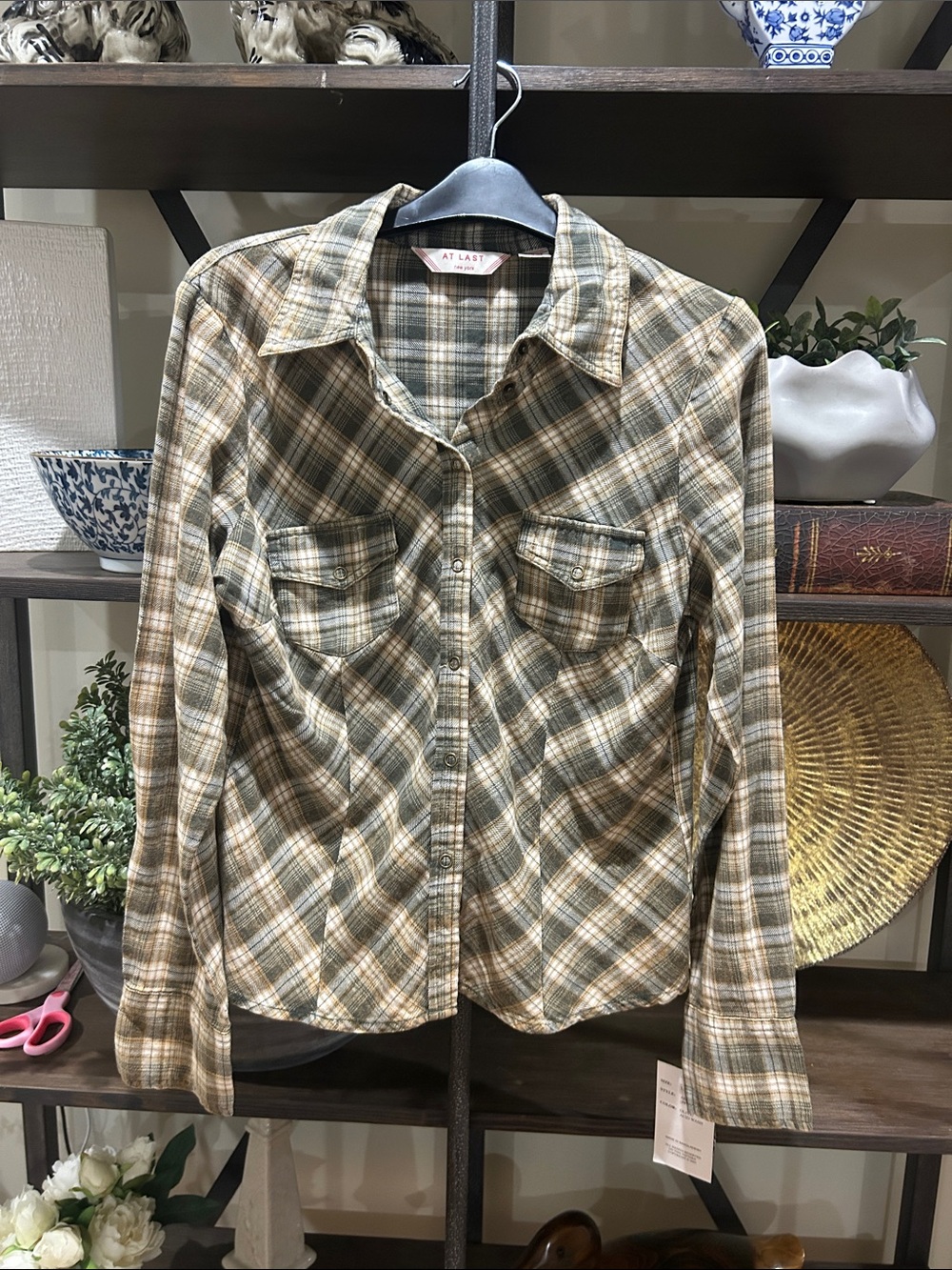 At Last Green and Tan Plaid Button-Front Shirt